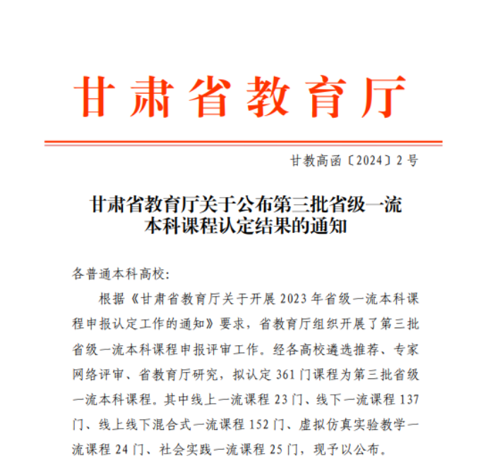 喜报：公司《中国近现代史纲要》获批甘肃省第三批省级一流本科课程